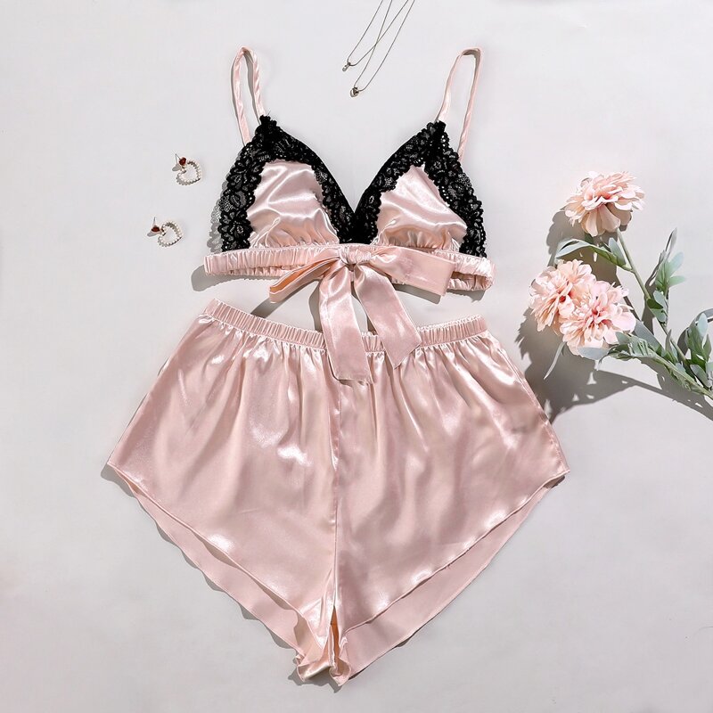 

Contrast Lace Knot Satin Night Set, Baby pink
