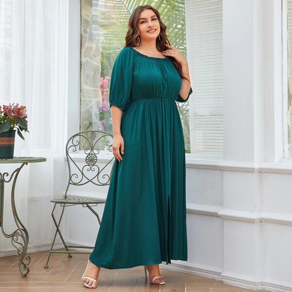 

Plus Frill Trim Split Hem Dress, Dark green