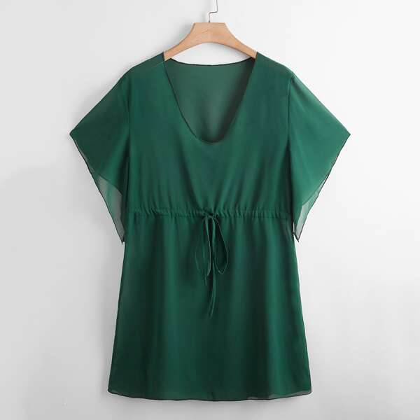 

Plus Sheer Mesh Drawstring Cover Up, Dark green