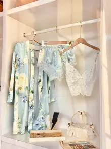 3pcs Floral Print Belted Night Set
