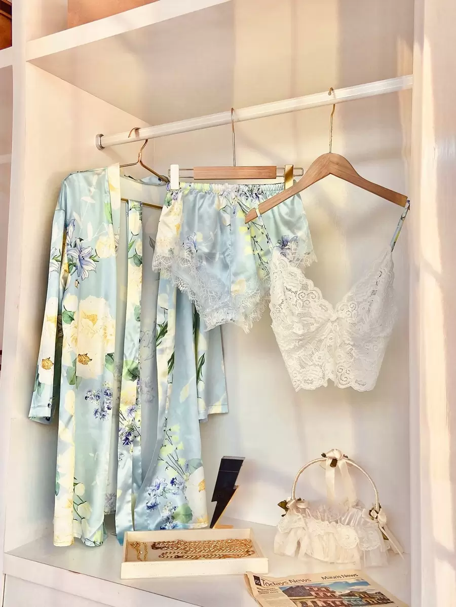 3pcs Floral Print Belted Night Set