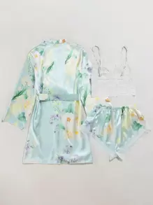 3pcs Floral Print Belted Night Set