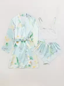 3pcs Floral Print Belted Night Set