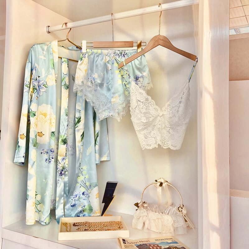 

3pc Floral Print Belted Night Set, Multicolor
