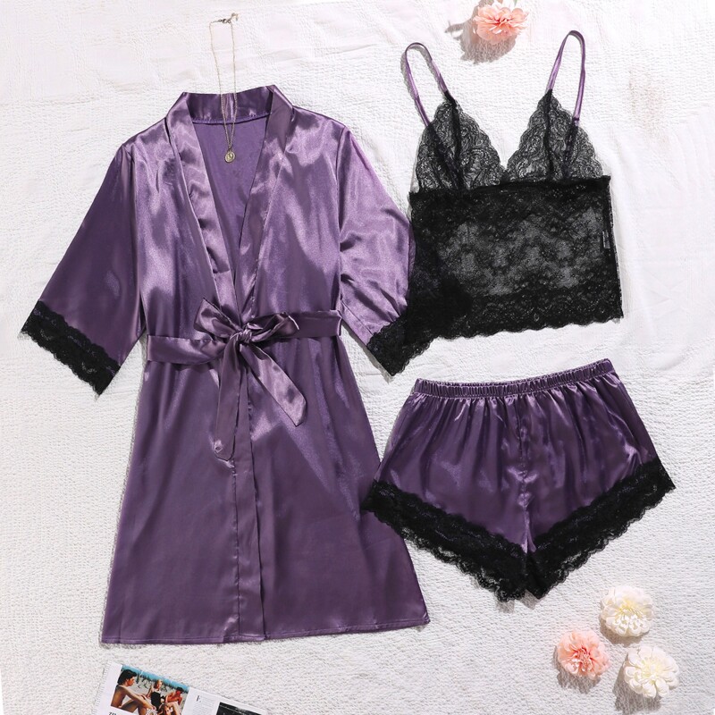 

3pcs Contrast Lace Belted Robe Set, Purple