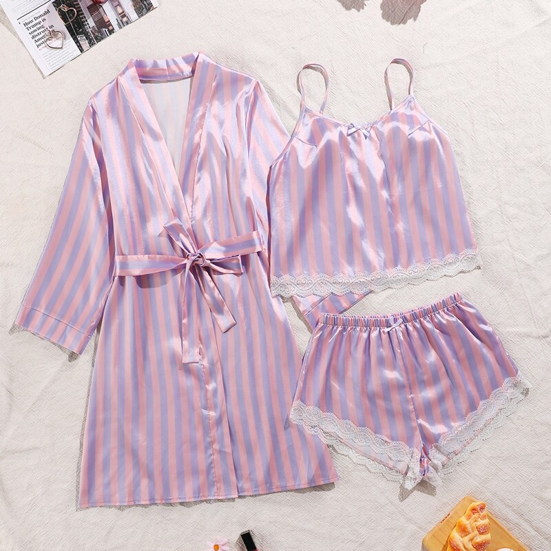 

3pcs Satin Striped Contrast Lace Belted Robe Set, Multicolor