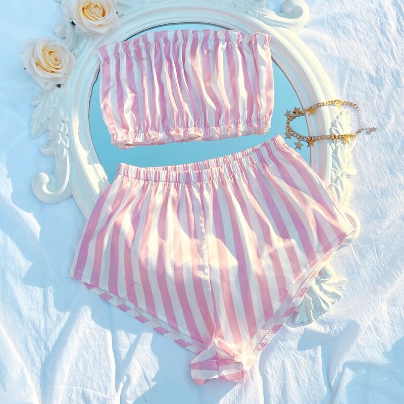 

Satin Striped Print Tube Top With Shorts Night Set, Baby pink