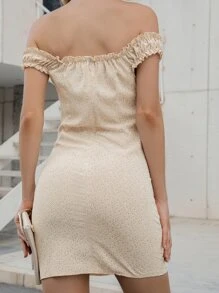 SHEIN Privé Ditsy Floral Off Shoulder Dress - Beige - View 2