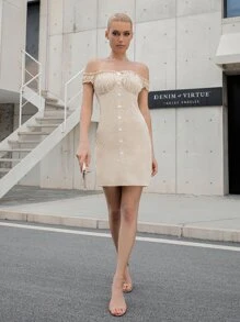 SHEIN Privé Ditsy Floral Off Shoulder Dress - Beige - View 4