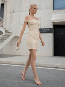 SHEIN Privé Ditsy Floral Off Shoulder Dress - Beige - View 5