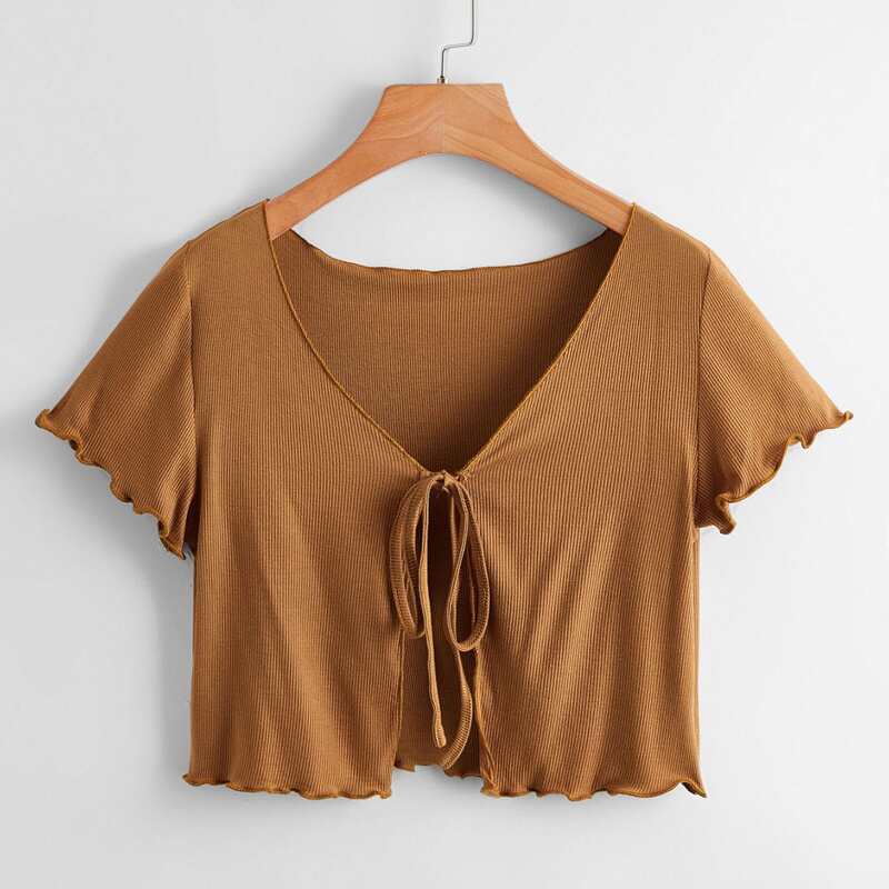 

Solid Lettuce Trim Tie Front Top, Camel