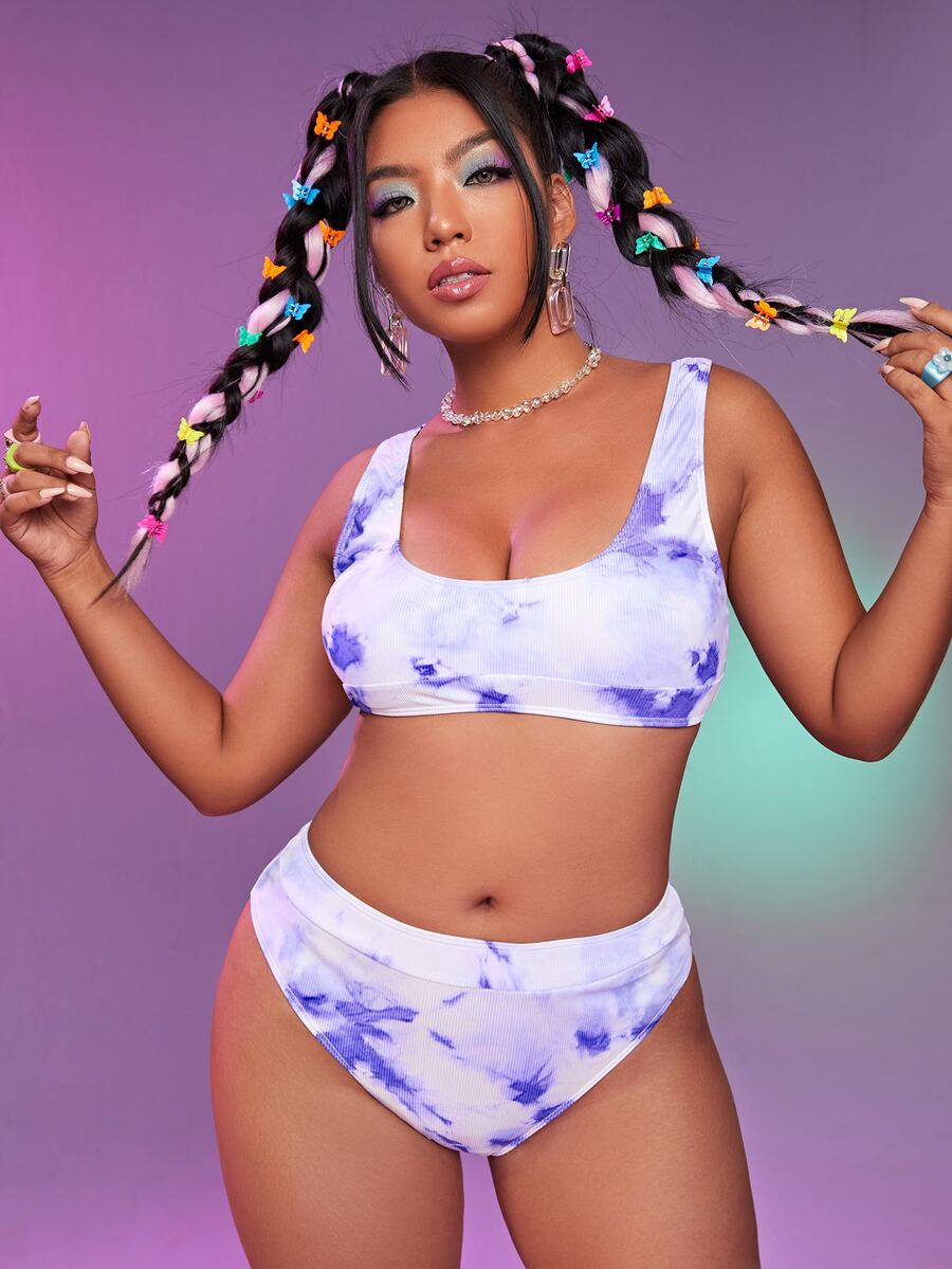 Plus Size Tie Dye High Waisted Bikini Set Summer Beach - Lilac Purple - View 1