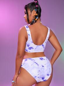 Plus Size Tie Dye High Waisted Bikini Set Summer Beach - Lilac Purple - View 2