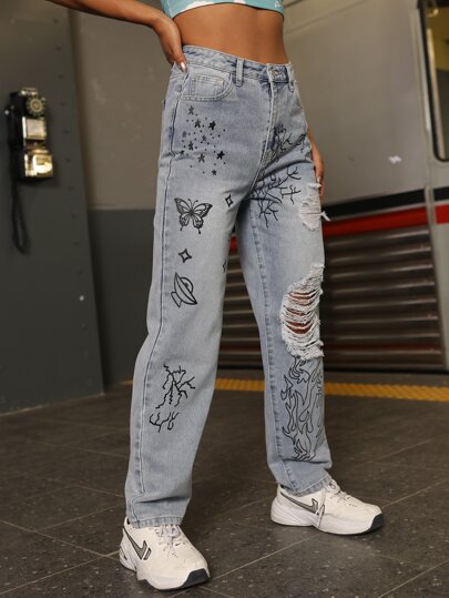 High Waist Butterfly \u0026 Fire Print Jeans 