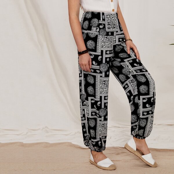 

Scarf Print Elastic Waist Pants, Black