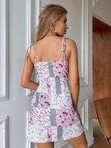 花卉拼接結飾肩吊帶連衣裙