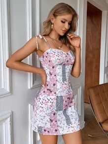 花卉拼接結飾肩吊帶連衣裙