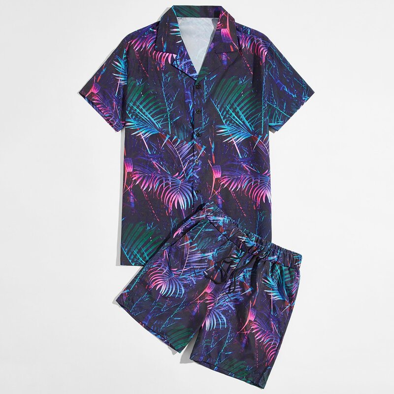 

Guys Leaf Print Button Front Shirt & Drawstring Shorts, Multicolor