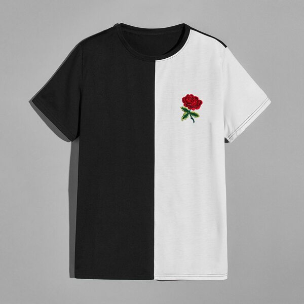 

Men Two Tone Floral Embroidery Tee, Black and white