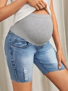SHEIN Maternity Color Block Ripped Denim Shorts - Light Wash - View 1