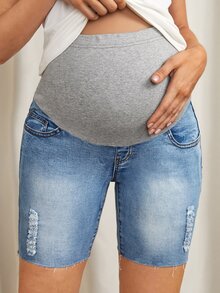 SHEIN Maternity Color Block Ripped Denim Shorts - Light Wash - View 5