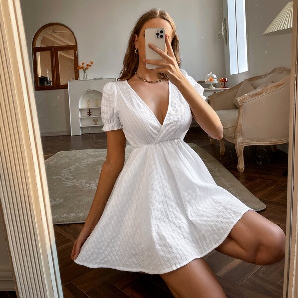 

Plunging Neck Puff Sleeve Dress, White