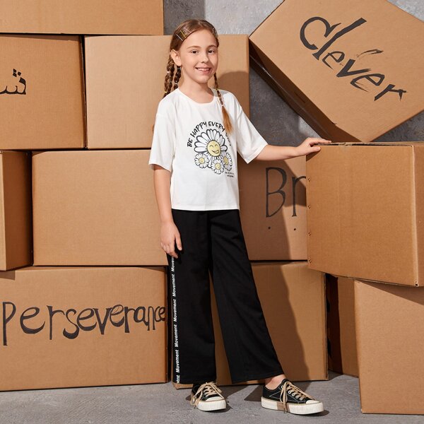 

для девочек текстовый & с цветочным принтом Футболка и Брюки Набор, Черный и белый