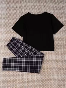 Letter Graphic Tee & Plaid Trousers Pyjama Set - Black - View 2