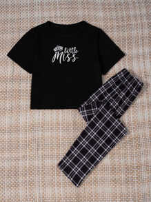 Letter Graphic Tee & Plaid Trousers Pyjama Set - Black - View 3