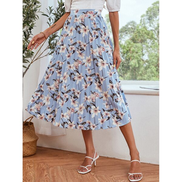 

Allover Floral Print Pleated Skirt, Baby blue