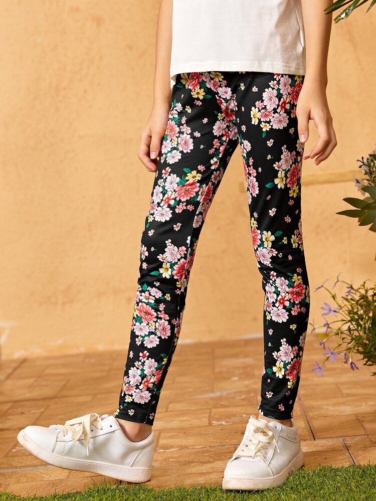 SHEIN Girls Floral Print Leggings - Multicolor - View 2