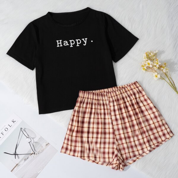 

Letter Graphic Tee & Plaid Shorts Pajama Set, Multicolor