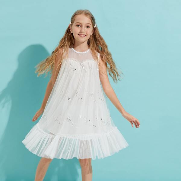 

Girls Contrast Sequin Ruffle Hem Mesh Dress, White