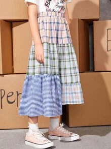 SHEIN Váy Gái Bất đối xứng Sọc ca rô Sẵn sàng - Nhiều màu - Xem 2