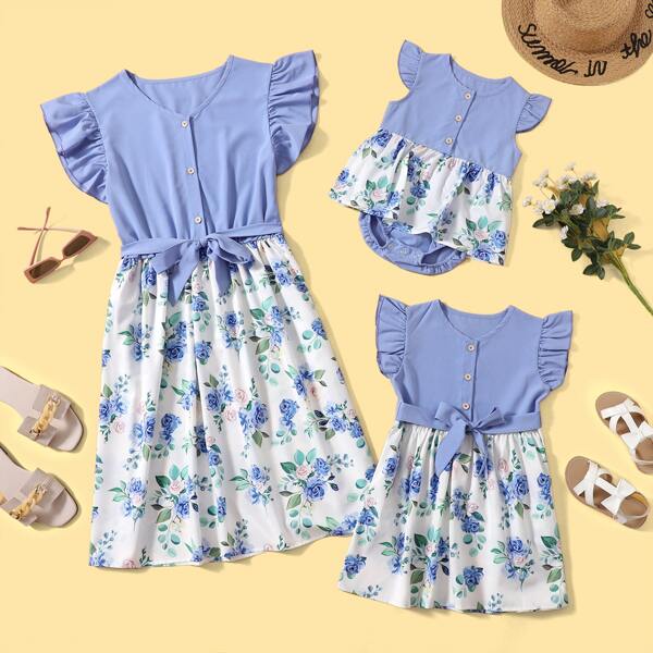 

Girls Floral Print Tie Front Dress, Blue and white