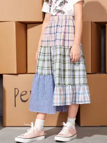 SHEIN Váy Gái Bất đối xứng Sọc ca rô Sẵn sàng - Nhiều màu - Xem 1