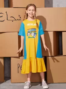 SHEIN Vestido bajo con fruncido con estampado de letra y árbol de coco - Multicolor - Ver 1