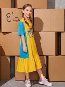 SHEIN Vestido bajo con fruncido con estampado de letra y árbol de coco - Multicolor - Ver 3