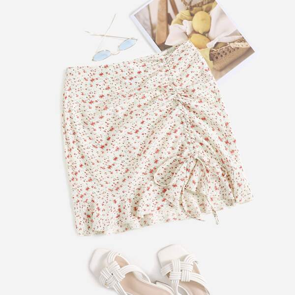 

Ditsy Floral Drawstring Ruched Skirt, Beige