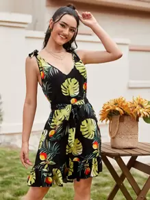 SHEIN 熱帶圖案自腰帶洋裝 - 黑色 - 查看 1