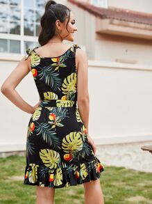 SHEIN 熱帶圖案自腰帶洋裝 - 黑色 - 查看 2