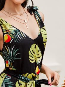 SHEIN 熱帶圖案自腰帶洋裝 - 黑色 - 查看 3