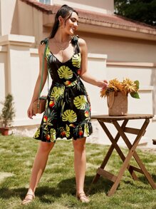 SHEIN 熱帶圖案自腰帶洋裝 - 黑色 - 查看 4