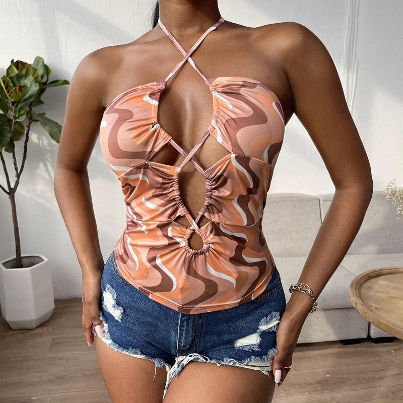 

Allover Print Criss Cross Front Halter Top, Multicolor