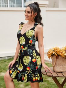 SHEIN 熱帶圖案自腰帶洋裝 - 黑色 - 查看 5