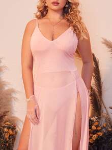 Classic Sexy Plus Mesh Split Thigh Slips With Panty - Baby Pink - View 5