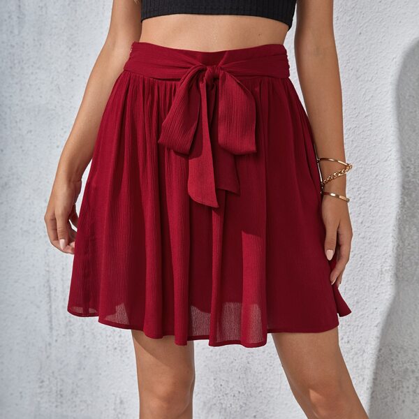 

Tie Front Solid Skirt, Burgundy