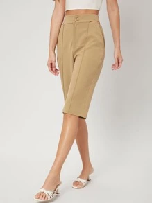 SHEIN Viscose Knee Length Shorts - Khaki - View 1