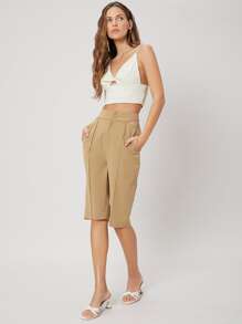 SHEIN Viscose Knee Length Shorts - Khaki - View 7