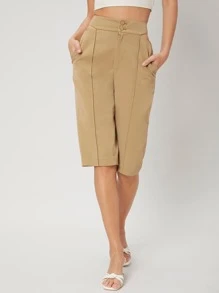 SHEIN Viscose Knee Length Shorts - Khaki - View 8